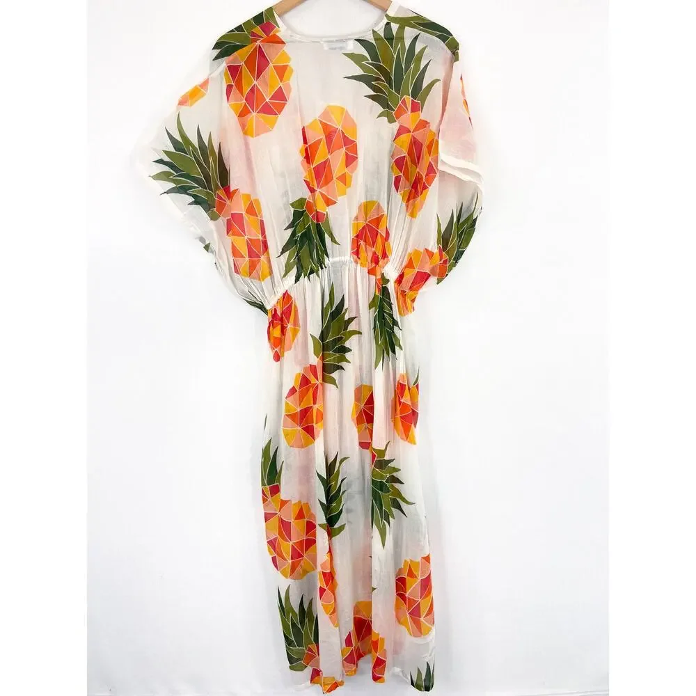 NEW Women's Pineapple Print Swim Coverup Cotton Duster Cardigan Lightweight M - Picture 2 of 8